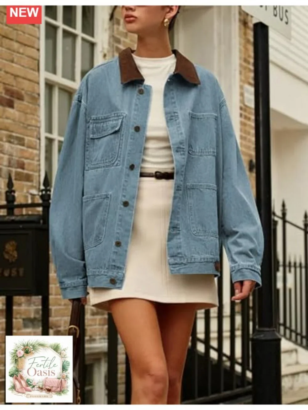 Oversized Denim Shacket with Contrast Collar and Pockets